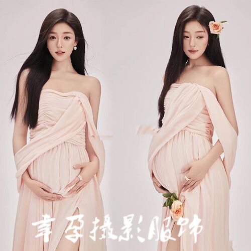 速发新款影楼孕妇主题色式时尚氛围感粉法甜裙抹胸美孕妇照服装在