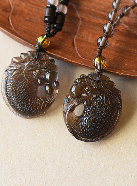 红绡天然冰种黑曜石螭吻吊坠五行缺水补水的龙鱼项链饰品挂件