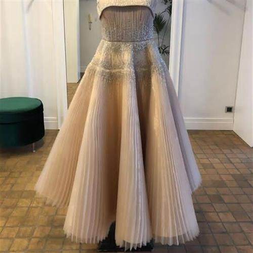 Heavy beads pleat evening gown