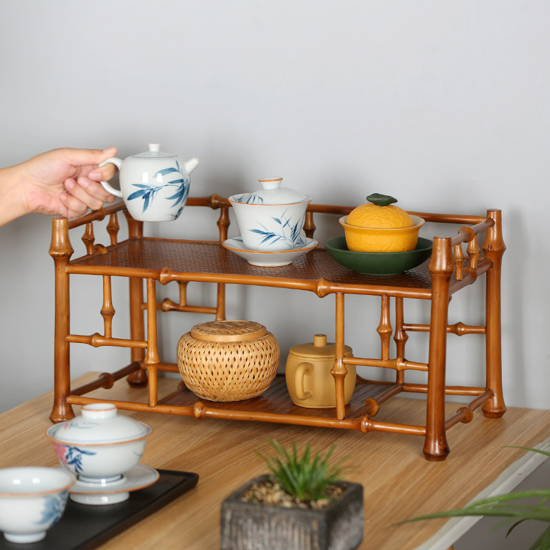 好货新中式博古架小型茶具茶壶杯架竹编双层展示架桌面凉杯架筇竹