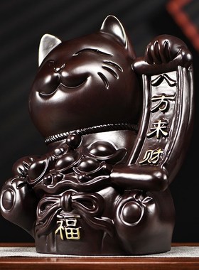 速发招财猫木件黑檀艺摆雕刻店铺开业送礼办公室前台收银工实礼品