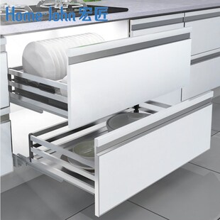 速发厨房橱柜拉篮碗碟架04不锈钢双层沥屉式缓冲拉 碗栏碗架蓝抽