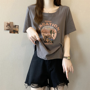 速发不规则字母季花褶恤夏印大码打底衫设计感皱T上衣