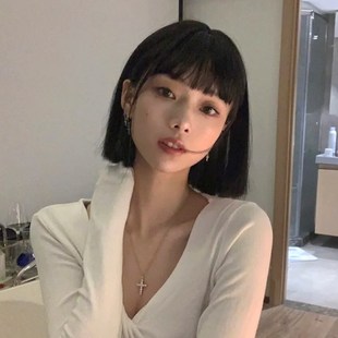 速发假发短发2021年新款时尚头一刀切齐刘海波波发全头套式