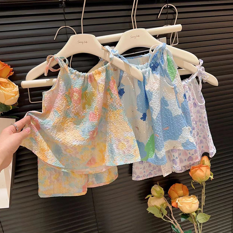 速发夏季新款油画风女童套装洋气吊带背心裙裤宝宝两件套女婴夏天