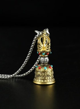 尼泊尔藏传纯铜金刚铃铛金刚杵十字降魔杵吊坠挂件泰银双色精致