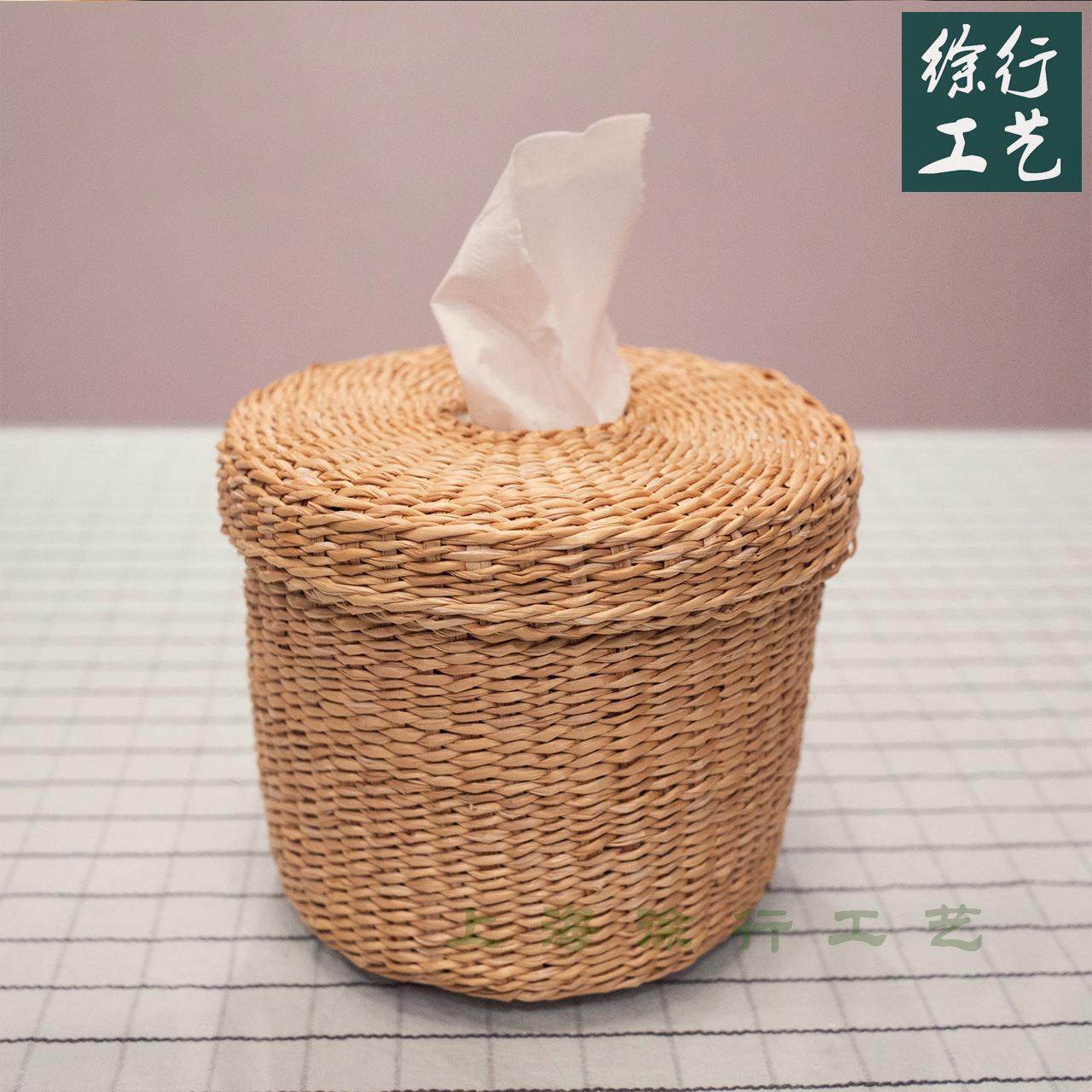 徐行工艺纸巾盒黄草编柳藤编卷筒纸收纳盒家居客厅桌面浴室草编篮