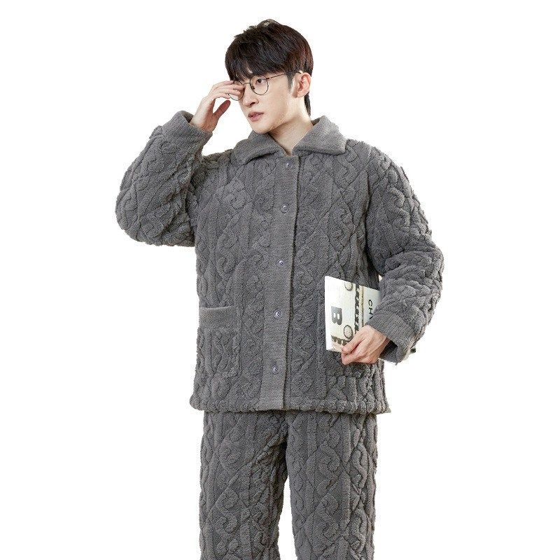 情侣睡衣女冬季珊瑚绒加厚加绒保暖大码男款秋冬季三层夹棉家居服