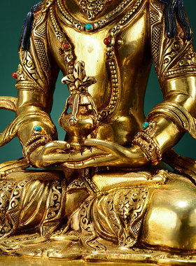 藏村尼泊尔手工常寿佛鎏金彩珠镶嵌铜像长寿佛居家桌面摆件10寸