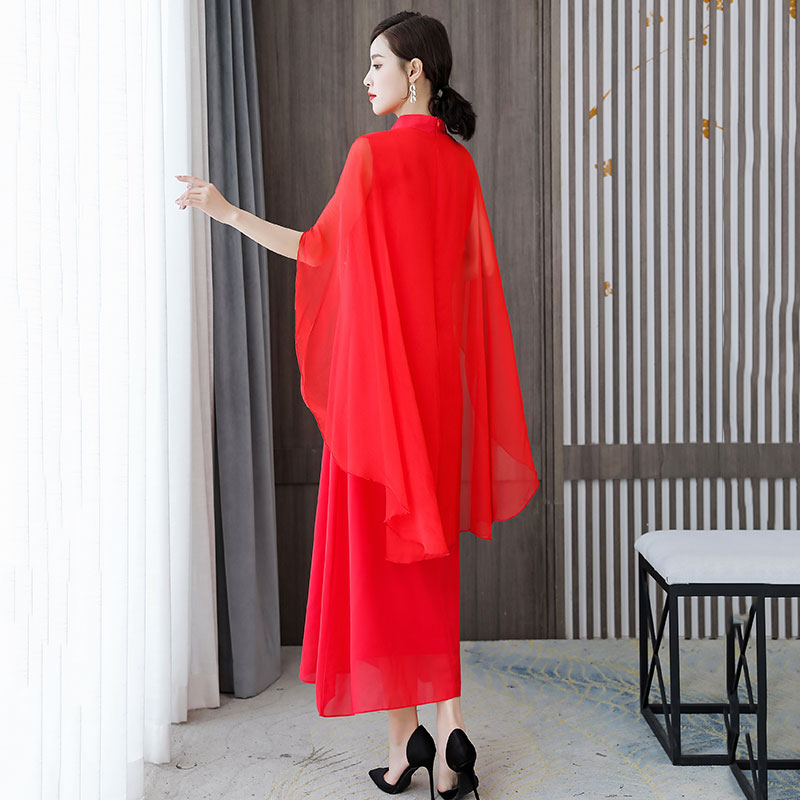 中国风立领改良旗袍礼服裙女 夏季长裙披肩式禅意茶服雪纺连衣裙