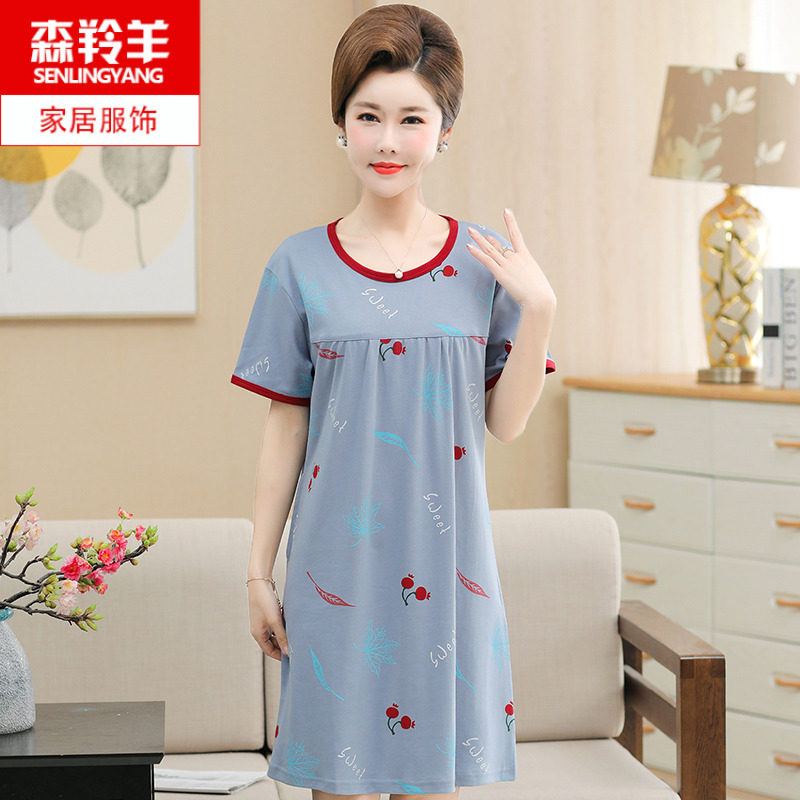 夏季妈妈睡裙纯棉薄款短袖中年大码胖mm中老年人女士全棉睡衣裙子