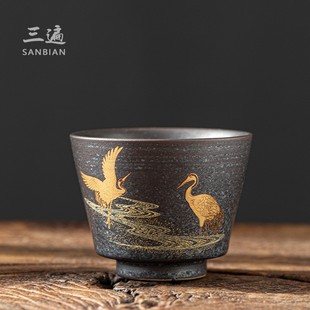 瑞鹤呈祥仙鹤茶杯手工粗陶窑变色复古品茗杯个人主人杯单杯品茗杯