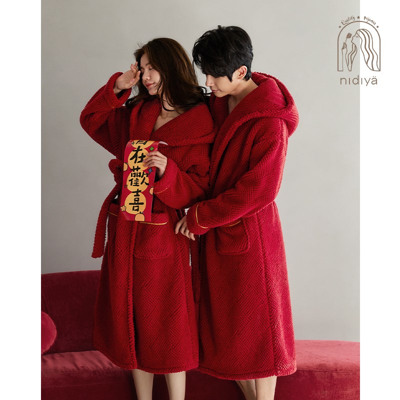 妮狄娅结婚情侣睡衣睡袍女冬季珊瑚绒加厚长浴袍男士婚庆红色晨袍