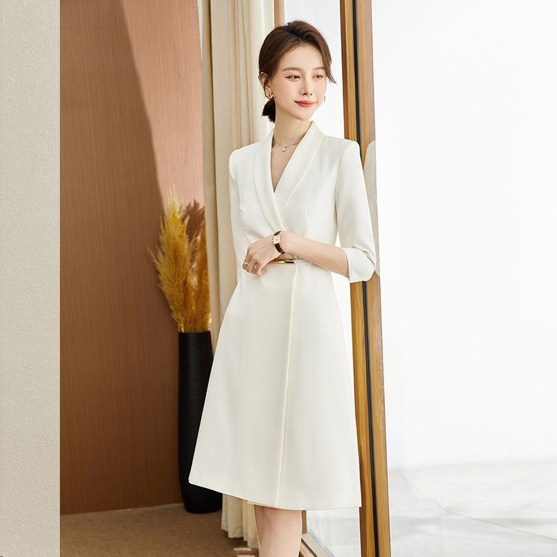 白色职业装西装连衣裙女气质春夏七分袖正式场合V领主持人上镜装