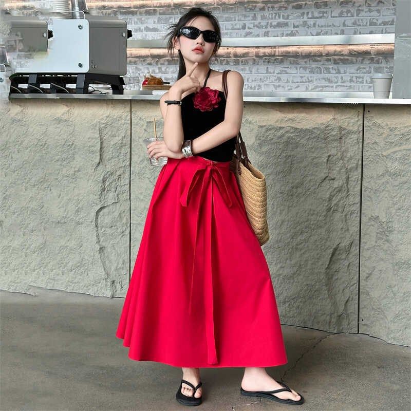 女孩夏装法式时尚套装海边度假挂脖吊带背心大裙摆蝴蝶结红色长裙