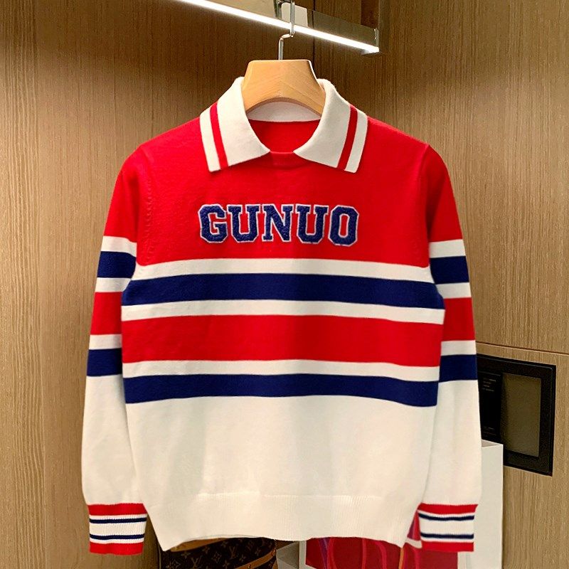 英式洋气拼色条纹翻领毛衣男红色上衣春秋季时尚植绒polo衫长袖男