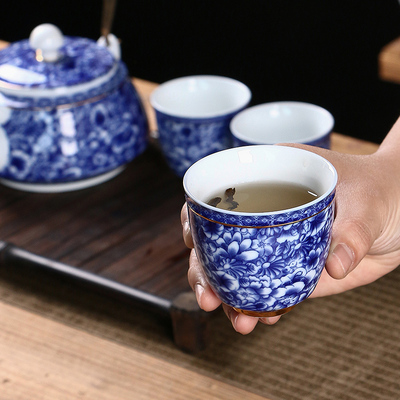 品茗杯陶瓷描金青花瓷茶杯子主人杯单杯茶盏茶碗家用办公功夫茶具