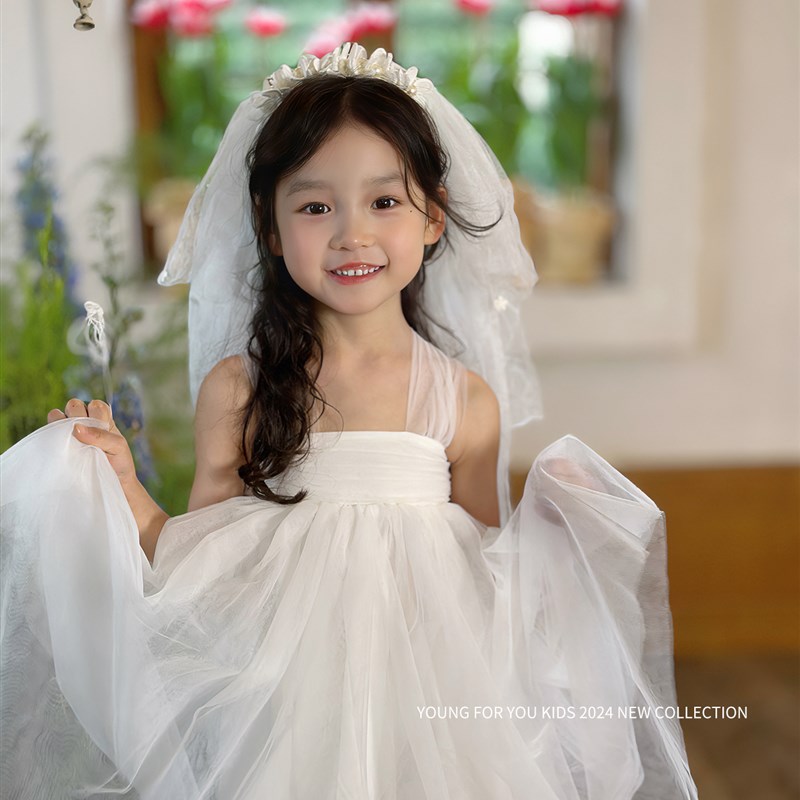YFY夏季女童网纱吊带连衣裙蓬蓬纱裙公主裙生日礼服白色花童六一图片