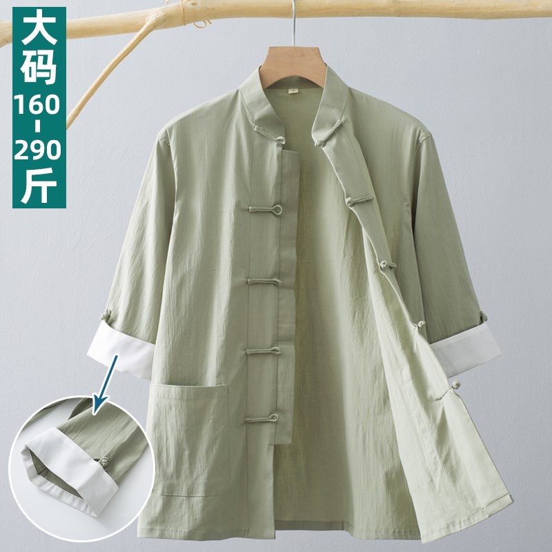 大码唐装男款夏季薄款加肥加大短袖七分袖上衣中国风男装盘扣衬衫