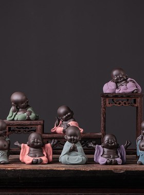 创意紫砂弥勒笑佛小摆件中式禅意茶室桌面摆设花盆鱼缸造景装饰品