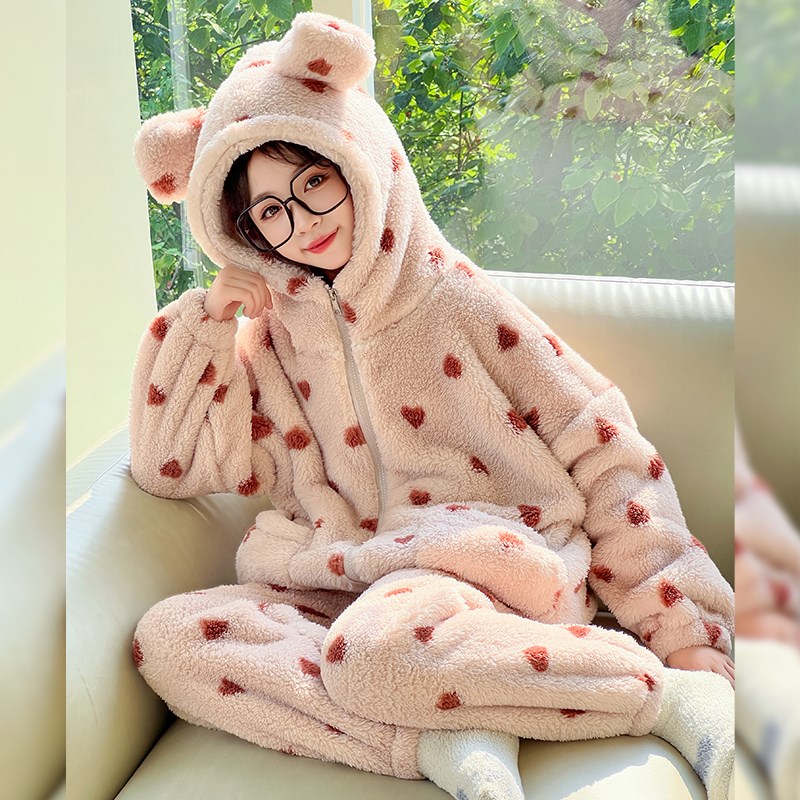 洋气冬季女童法兰绒睡衣爱心甜美加厚珊瑚绒连帽保暖家居服两件套