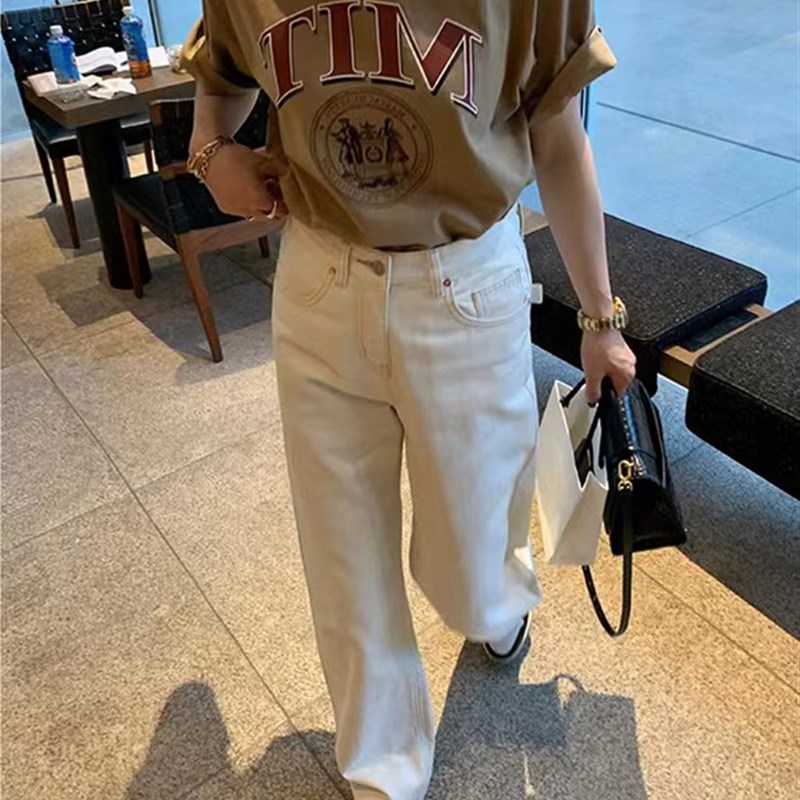 大碗plus定制大码女装微胖白色阔腿牛仔夏高腰宽松显瘦直筒老爹裤