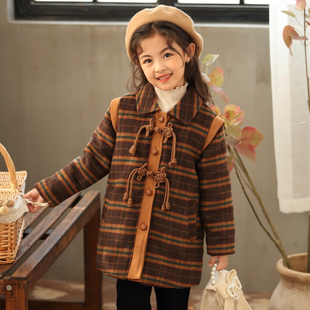 女童毛呢外套可爱复古2023冬季新款中大童中国风羽绒格子毛呢大衣