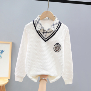 男童卫衣春装假两件2023新款中大童上衣春天白色上衣男孩衣服学生