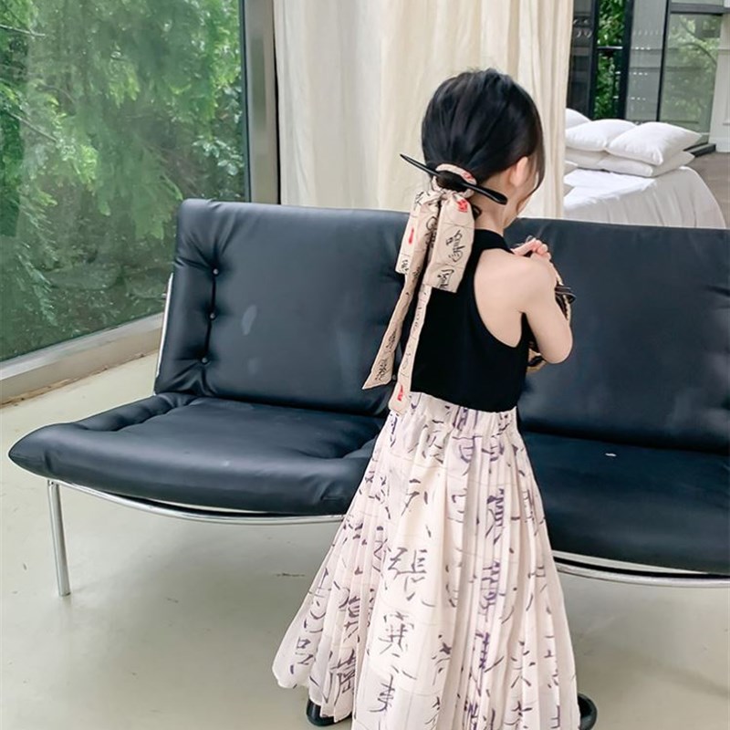 新中式马面裙女童马面裙春款儿童马面裙套装春天水墨画国风连衣裙