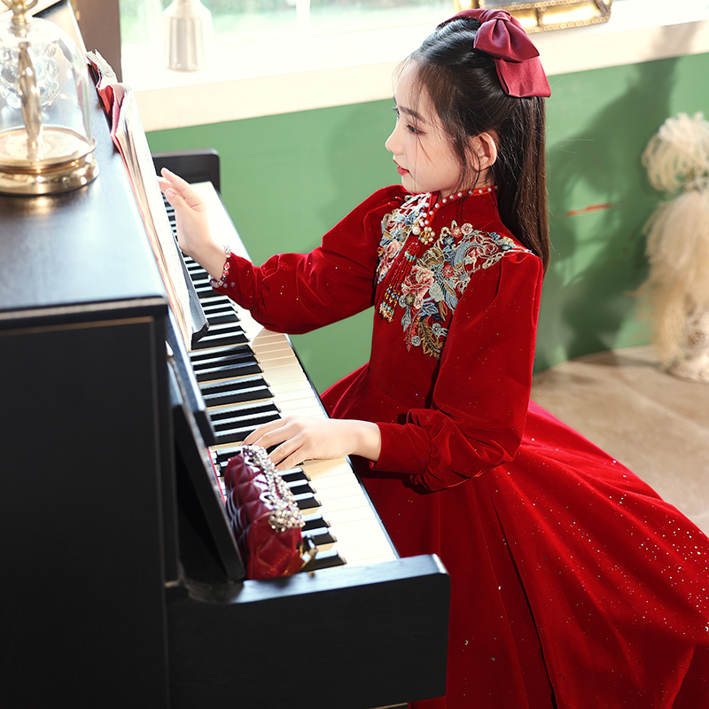 儿童礼服红色秋冬国风女童高端公主裙小主持人新年旗袍中式连衣裙