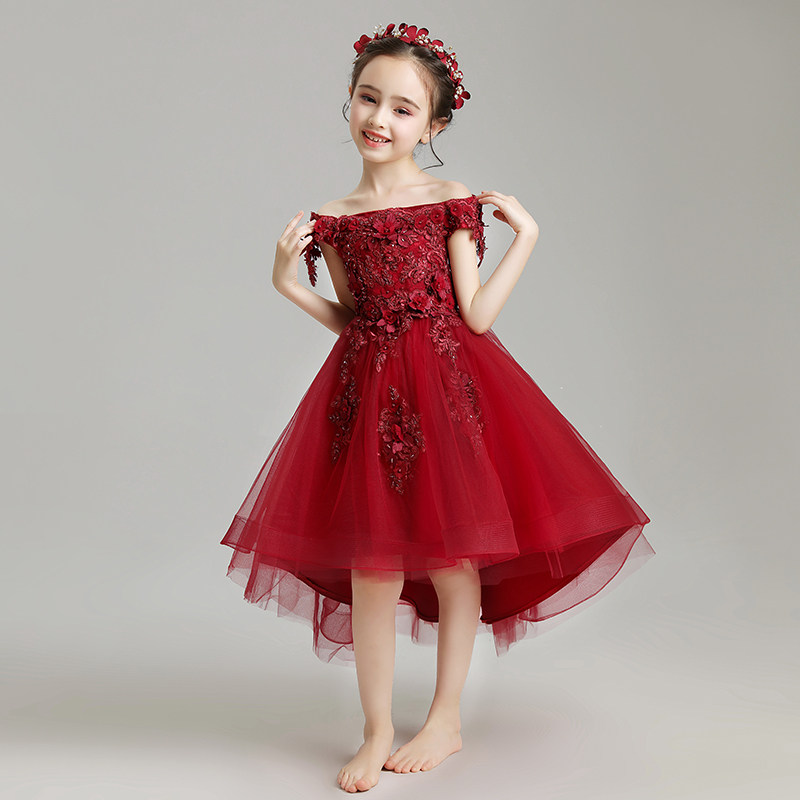 儿童晚礼服公主裙女童婚纱一字肩前短后长绑带蓬蓬纱主持人酒红秋