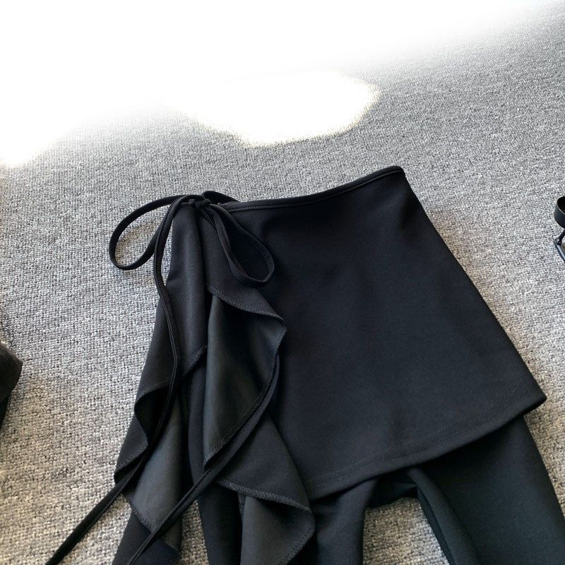 黑色高腰微喇裤女秋季荷叶边可拆卸裙裤弹力显瘦瑜伽垂感西装长裤