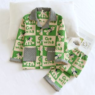 儿童秋冬新款 套组宝宝全棉可爱小狗男童卡通家居 纯棉空气层睡衣裤