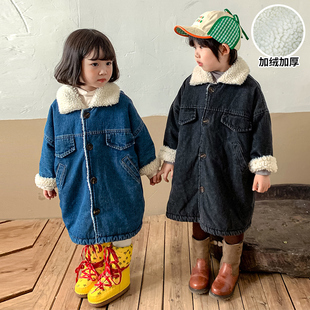 儿童棉服中长款加绒男童装女童牛仔棉衣加厚冬季2021新款宝宝外套