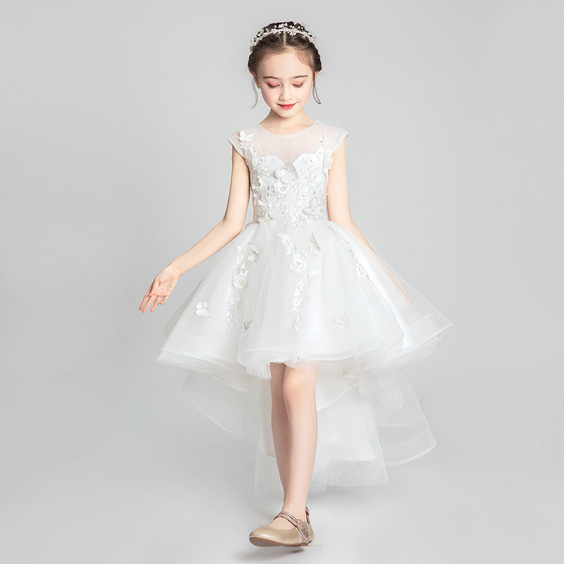 儿童礼服小孩拖尾婚纱白纱蓬蓬裙公主花童女童模特走秀洋气高贵冬