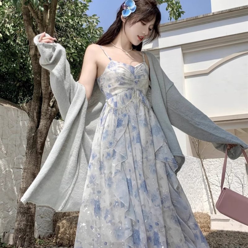 速发大裙微胖连衣裙夏带荷叶边遮肚吊季码子外搭开衫套装