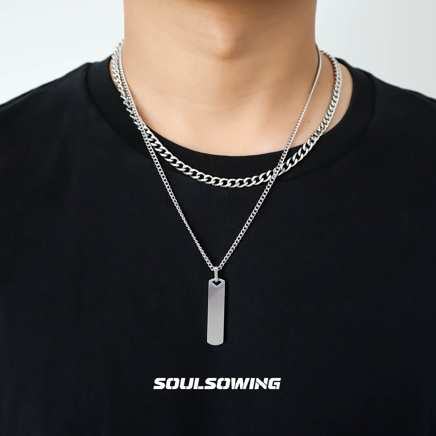 项链男款钛钢方条几何吊坠小众设计高级感潮流痞帅双层叠戴不掉色
