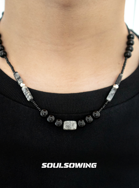 项链男款灰岩石中式小众设计高级感天然石拼接黑色串珠锁骨链百搭
