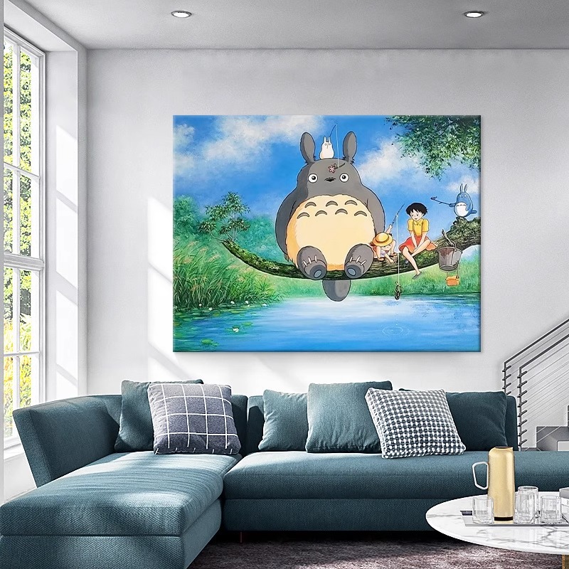 宫崎骏卡通手绘油画儿童房可爱龙猫钓鱼装饰画客厅挂画横版肌理画图片