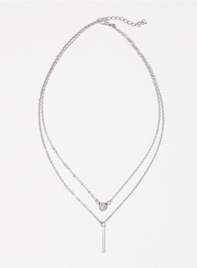 叨欧美新款ins满钻圆牌长条吊坠双层项链女创意个性叠戴锁骨链