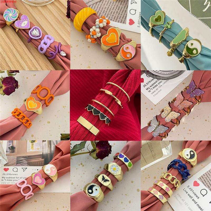 Vintage Colorful Heart Rings Set for Women Fashion Pink Gree