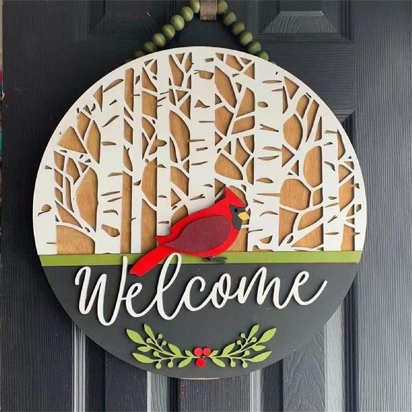 Cardinal Wooden Front Door Welcome Sign Ornament Window