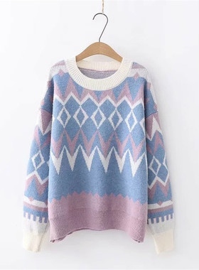 Women Fashion Autumn Winter Warm Geometric patterns O-Neck W