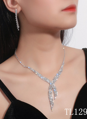 新娘首饰品 韩版超闪水钻项链耳环套装满钻项链礼服配饰