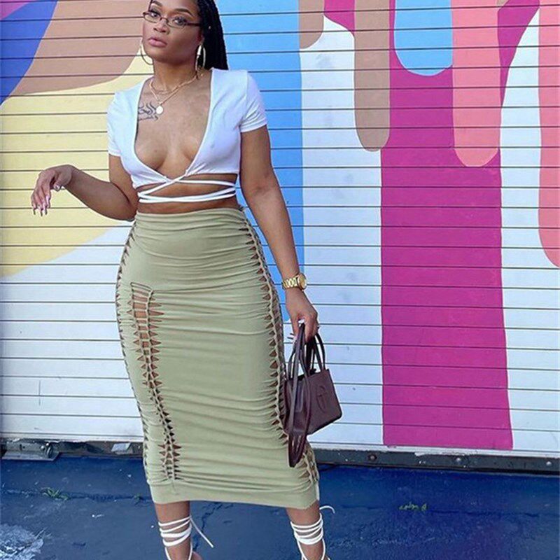 Nibber Summer Solid Color Skirt Hollow Fold Design Elastic W