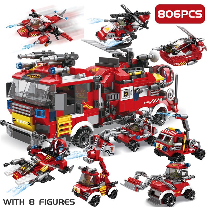 HUIQIBAO 806pcs Fire Fighting 8in1 Trucks Car Helicopter Boa