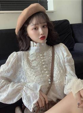 OCEANLOVE Lace Blusas Mujer Solid Stand Collar 2021 Spring V