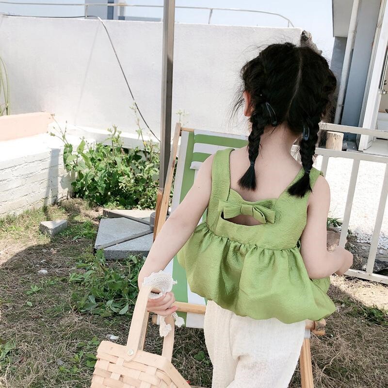 新品女童装夏季灯笼吊带小宝宝薄款韩版背心花苞露背蝴蝶结上衣儿