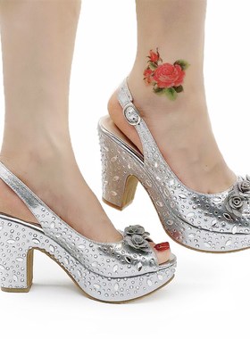 Starry Floral Shoes Women Chunky Sandals Slingbacks Women Pu