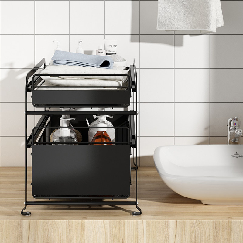 极速双层厨房抽拉式置物架化妆室下水槽收纳可伸缩浴室整体橱柜内